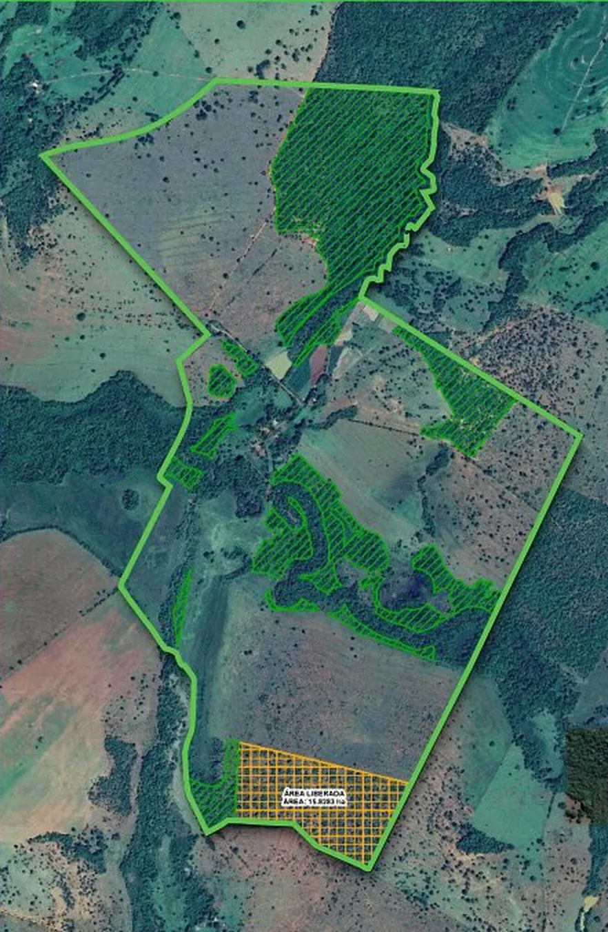 Mapa da propriedade depois da regularização, com a reserva reorganizada e a área liberada em destaque